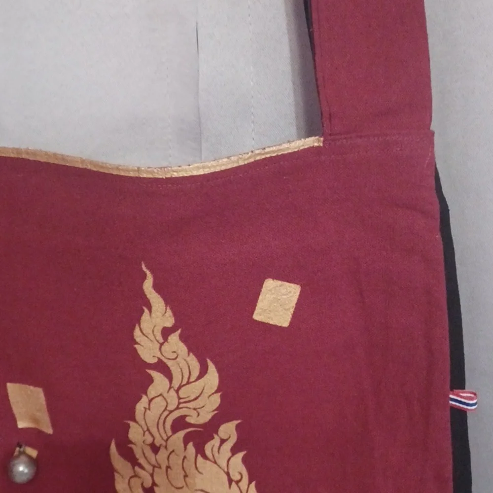 Boho Burgundy Flame Motif Textile Shoulder Bag, Festival